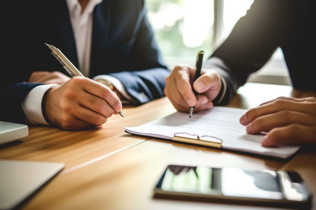 Two business people signing a contract on a desk for claim settlement related to property damage with a claims adjuster present