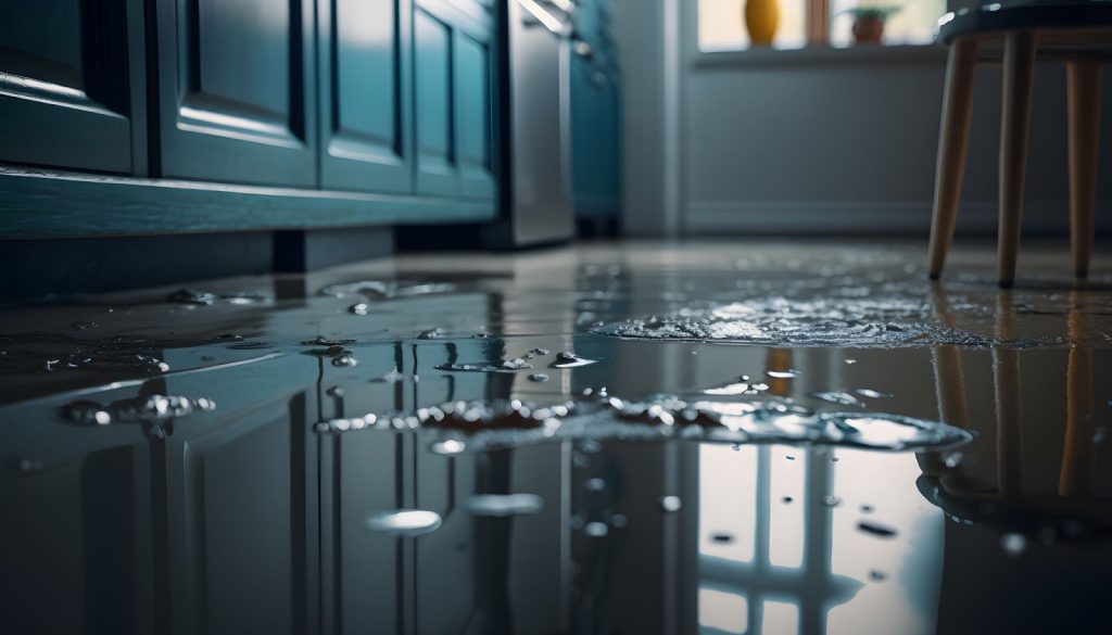 A kitchen with water on the floor and a chair. Image depicts water damage, house water damage, public adjuster.