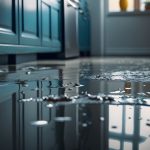 A kitchen with water on the floor and a chair. Image depicts water damage, house water damage, public adjuster.