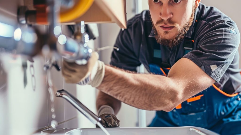 A man in overalls repairing a sink with water damage in a house, seeking help from a public adjuster.