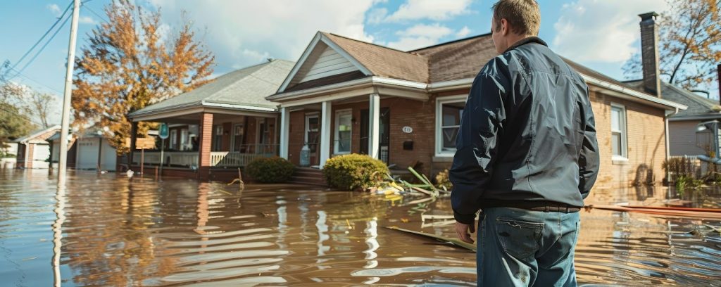 A man standing in front of a flooded house, showcasing water damage. Seeking help from a public adjuster.