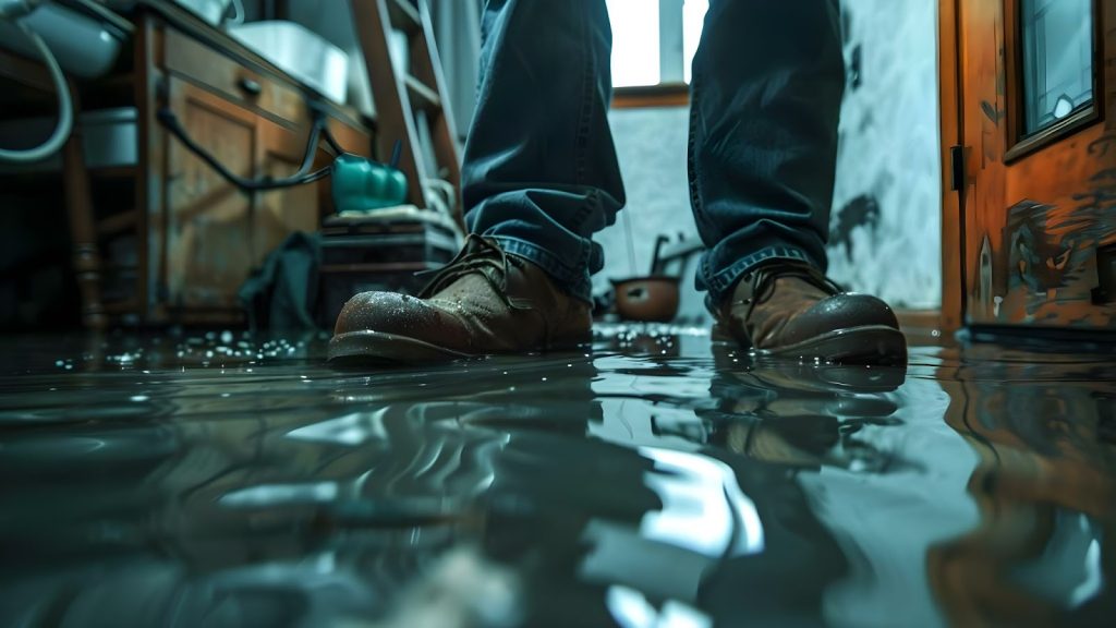 A person stands in a flooded room, assessing water damage on the floor, highlighting the need for flood damage insurance.