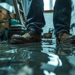 A person stands in a flooded room, assessing water damage on the floor, highlighting the need for flood damage insurance.