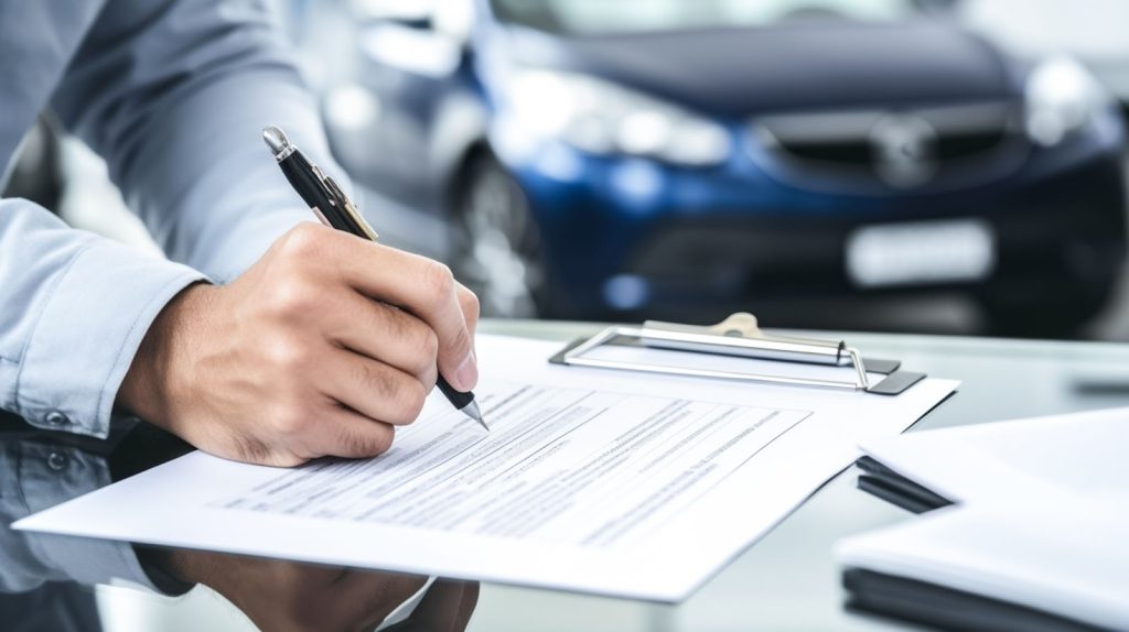 Man signing contract with car dealer, discussing property damage appraisers, home insurance for property damage.