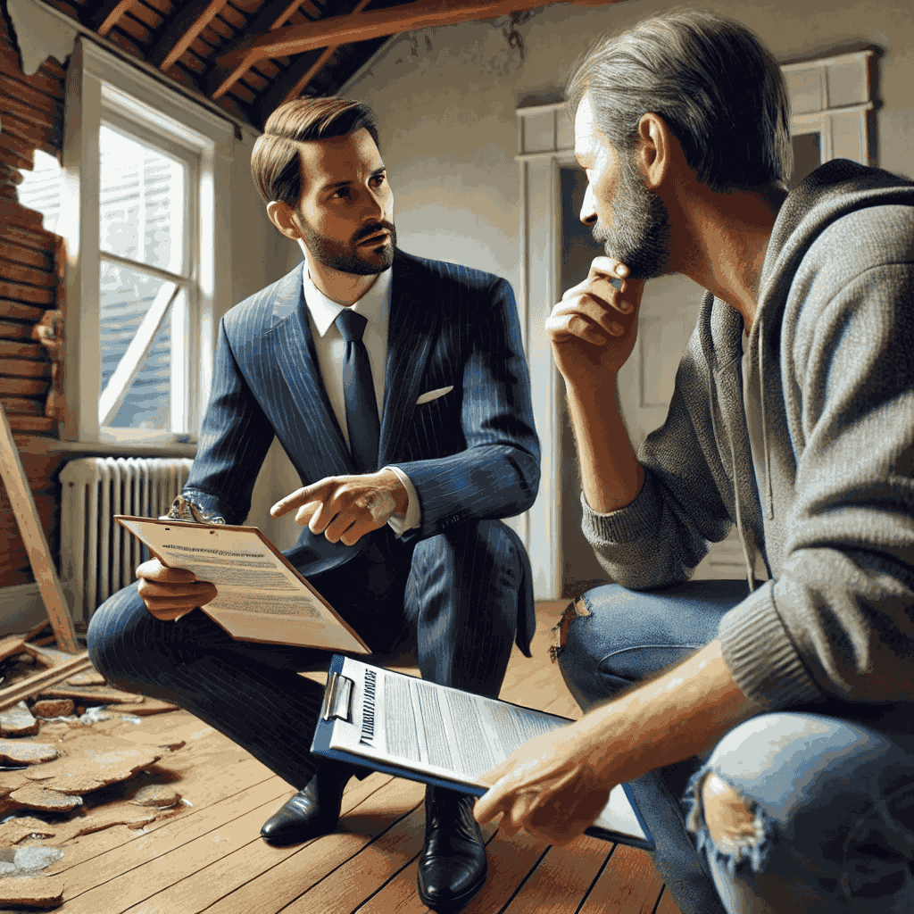 Two men in suits seated on the floor of an unfinished house, discussing the role and benefits of a public adjuster.