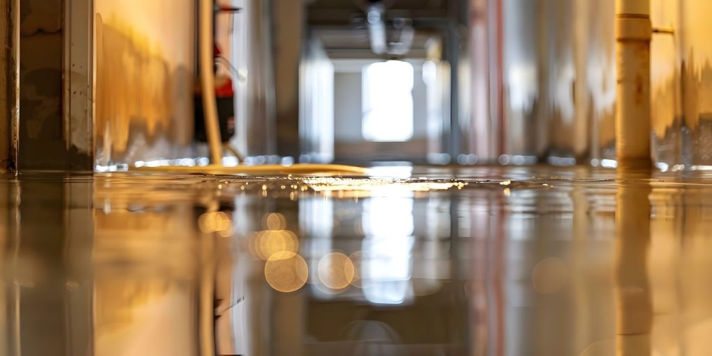 A flooded hallway shows water cascading down the walls, highlighting significant structural damage needing assessment.