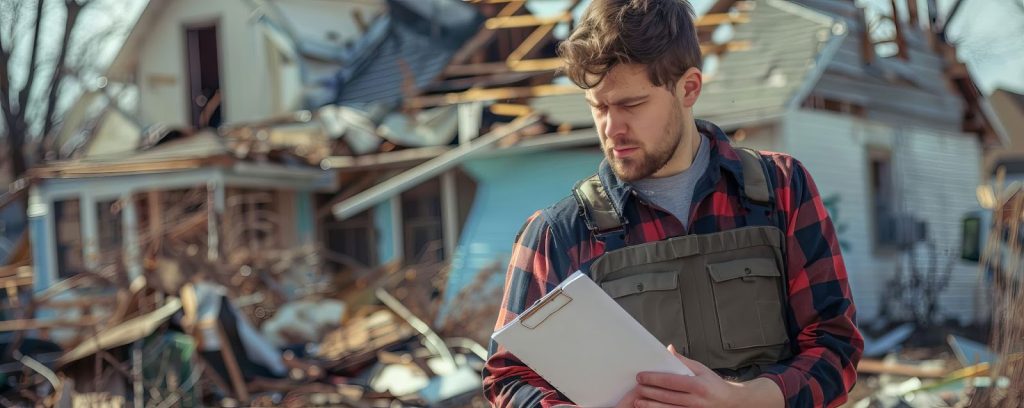 A man in a plaid shirt conducts a structural damage assessment with a clipboard in front of a destroyed house.