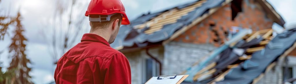 A man in a red hard hat assesses structural damage to a house, representing a public adjuster's evaluation process.