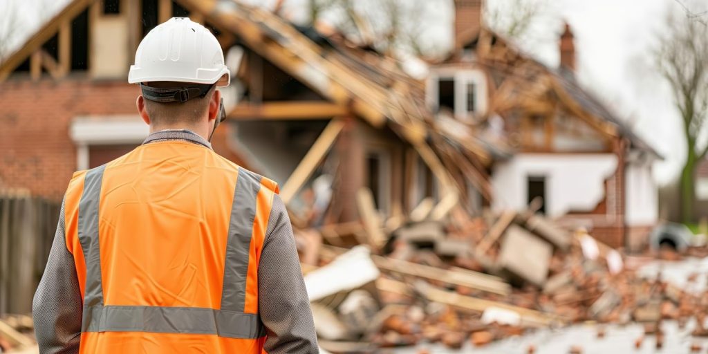 A man in an orange vest and hard hat assesses structural damage to a destroyed house, representing a public adjuster's role.