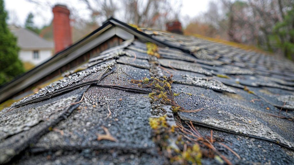 A roof covered in moss, indicating potential structural damage that may require assessment by a public adjuster.