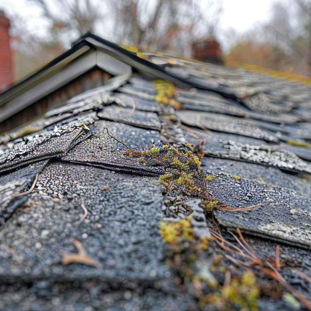 A roof covered in moss, indicating potential structural damage that may require assessment by a public adjuster.