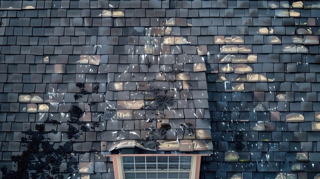 A black roof featuring multiple holes, showcasing signs of wear and potential damage