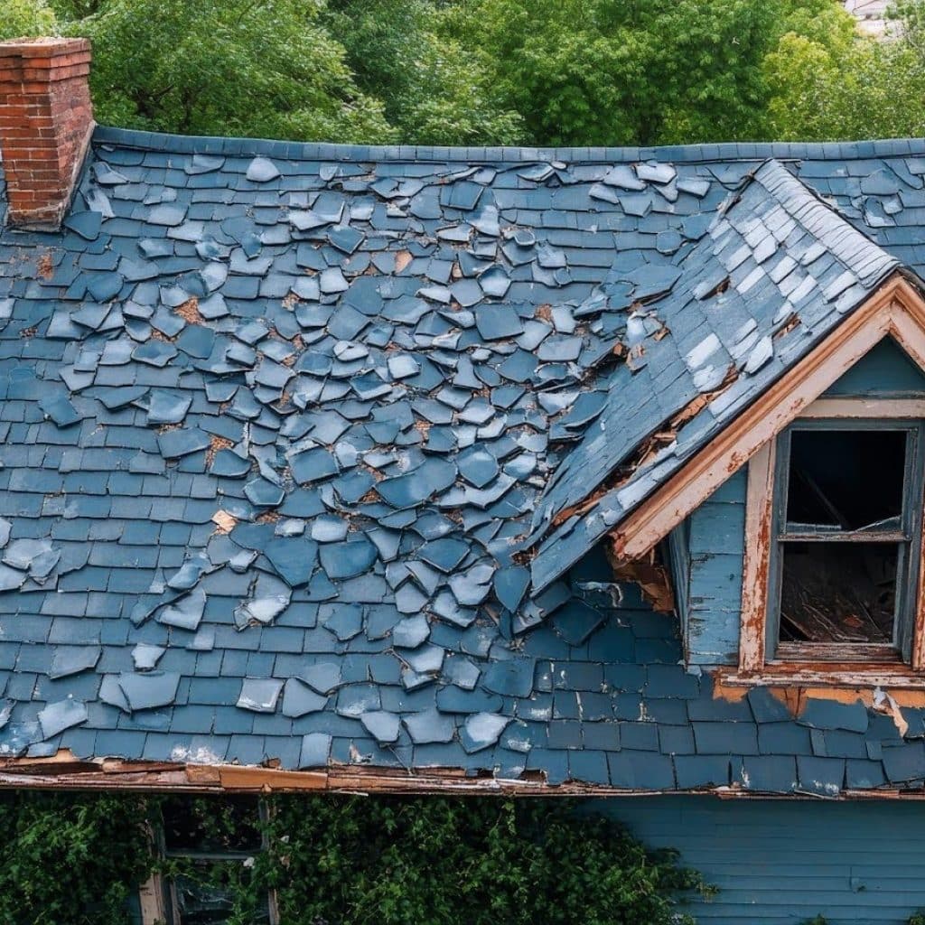 A house with a blue roof and a broken window, suggesting disrepair