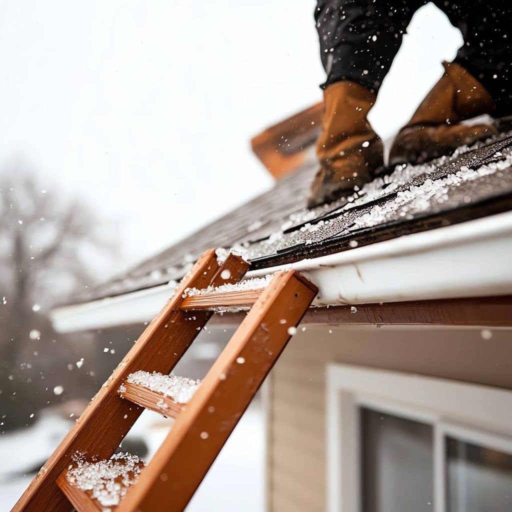 A person stands on a ladder, working on the roof of a house under a clear blue sky