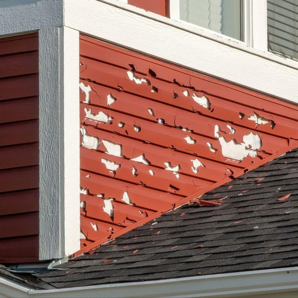 A vibrant red house with white siding and a classic roof