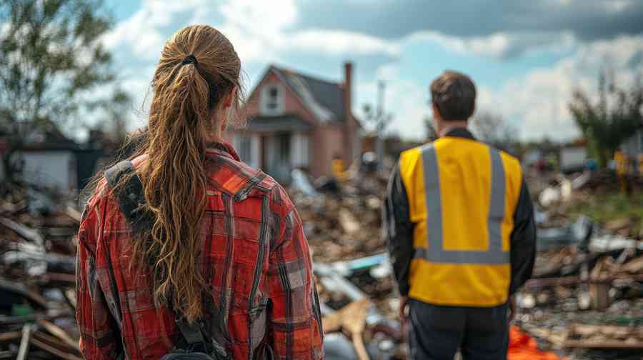 Two individuals stand before a large pile of debris, representing the aftermath of a disaster, with Hudson Douglas public adjusters present.