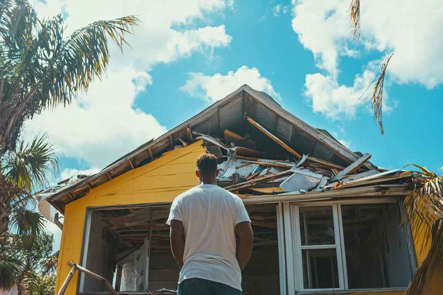 A man stands before a damaged house, representing Hudson Douglas Public Adjusters' commitment to property recovery.