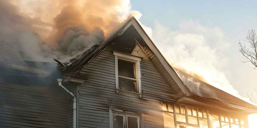 A residential property with smoke billowing from the roof, highlighting the need for support from Hudson Douglas public adjusters.