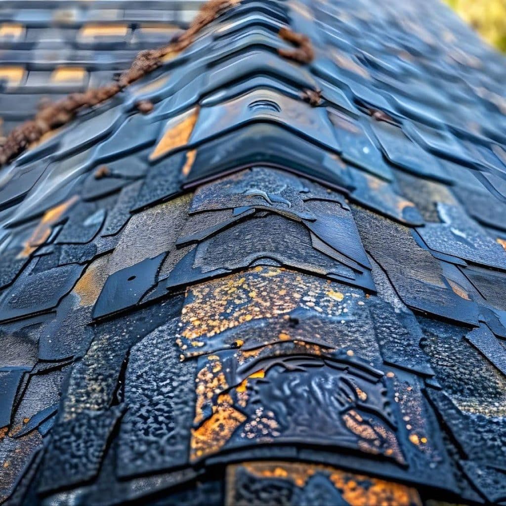 Close-up image of a house roof, highlighting the intricate details and patterns of the roofing material