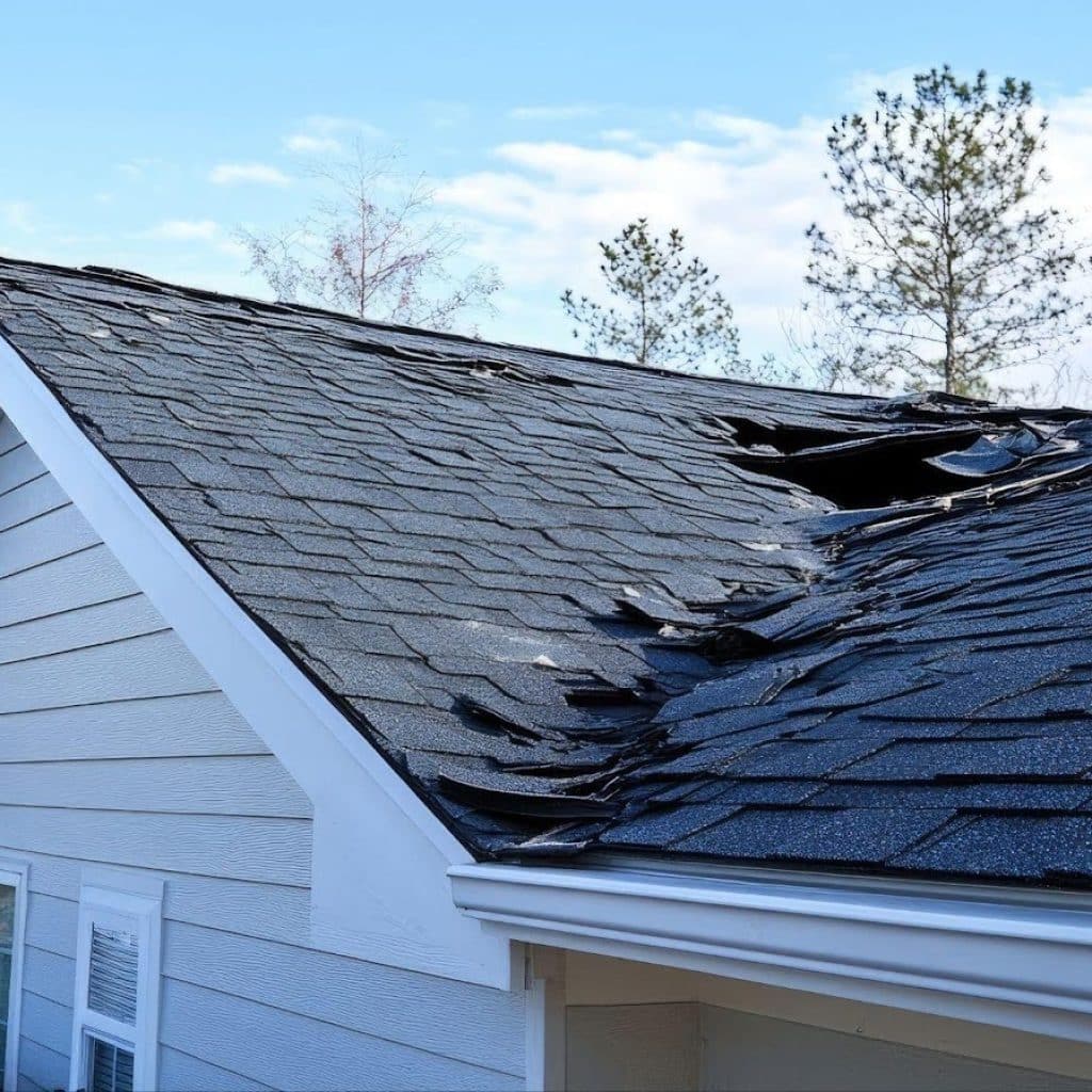 Close-up of a roof with damaged shingles, showing wear and potential leaks