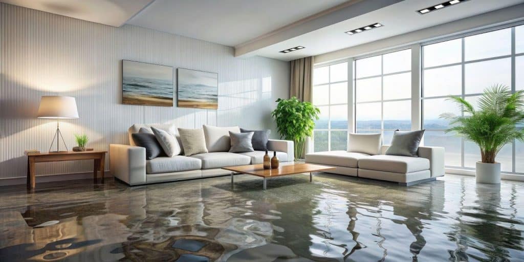 A living room with furniture surrounded by water, presenting an intriguing setting