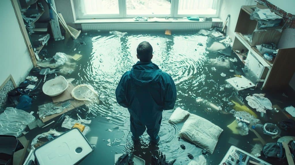 A man stands in a flooded room filled with debris, showcasing the chaos of water damage