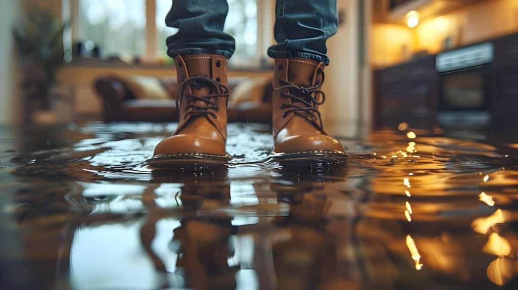 A person in boots surveys a flooded room with concern