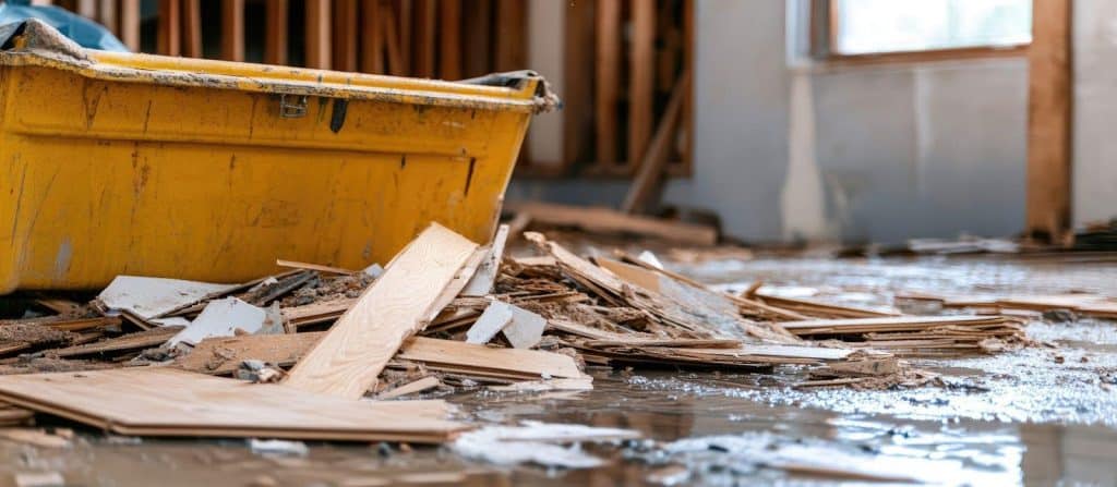 A yellow bucket sits on the floor next to a collection of wooden pieces