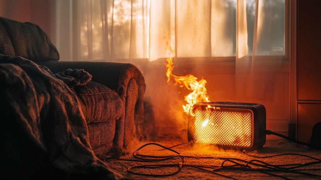 a-burning-space-heater-in-a-living-room-near-a-couch-and-window
