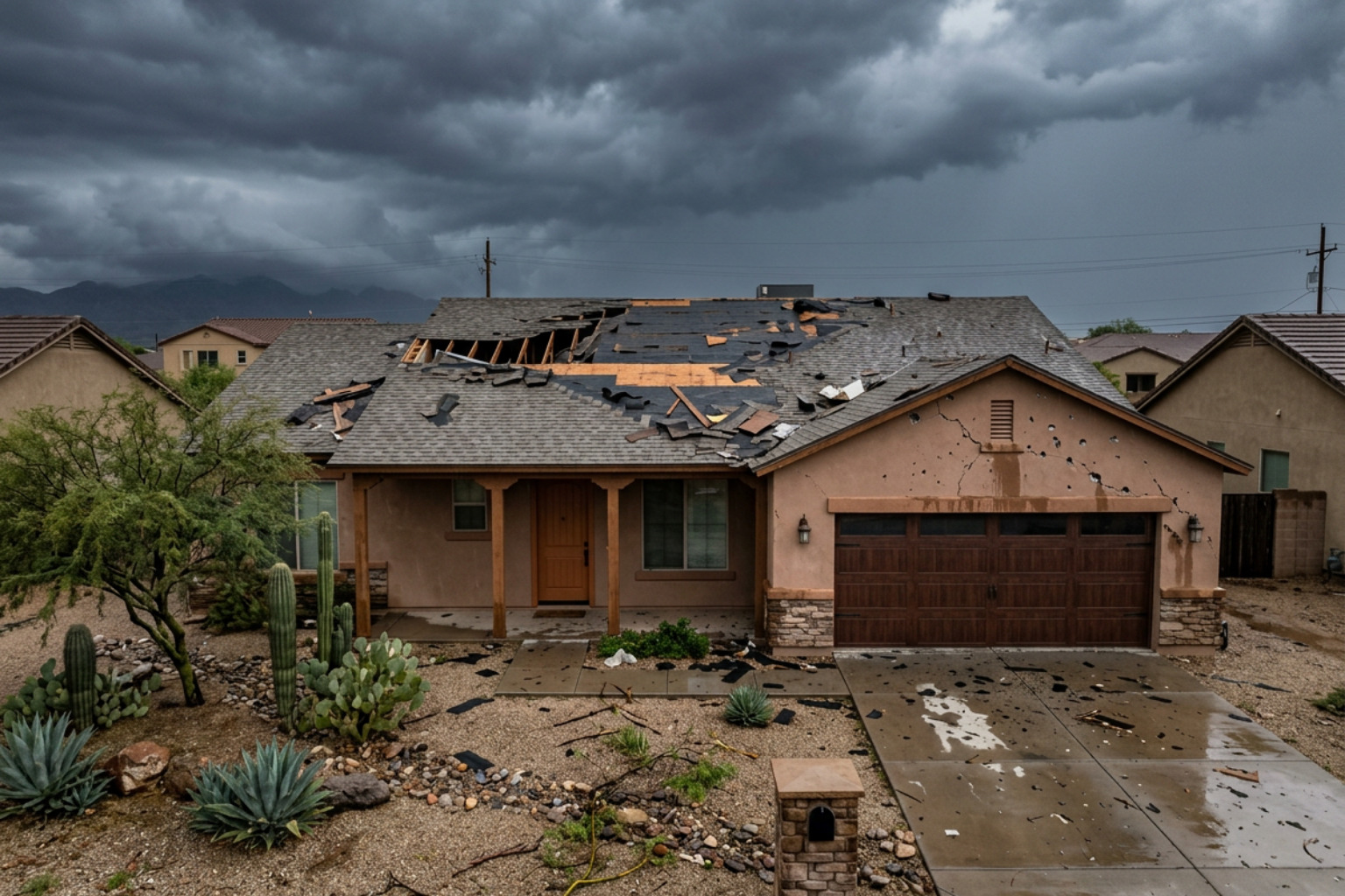 Phoenix home damaged by monsoon storm with visible roof and exterior damage