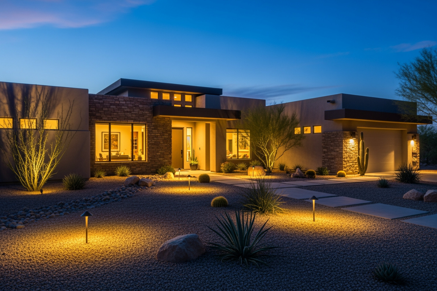 Arizona home exterior at dusk with security lighting - Burglary insurance claim