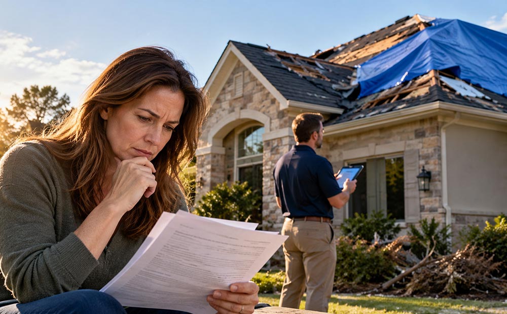 Homeowner reviewing an insurance claim while a public adjuster inspects storm damage to the roof.